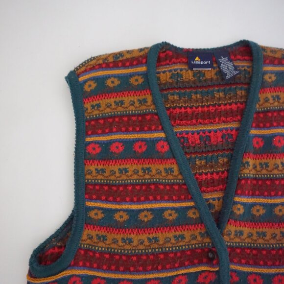 Vintage Lizsport Red Teal Southwestern Geometric Striped Knit Sweater Vest L - Picture 7 of 9